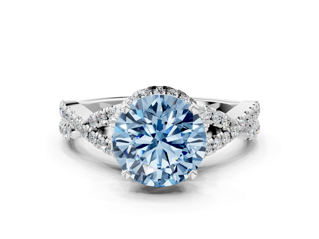 White gold Fancy Blue Round  Halo Twist Band Solitaire Prong Setting Ring_87