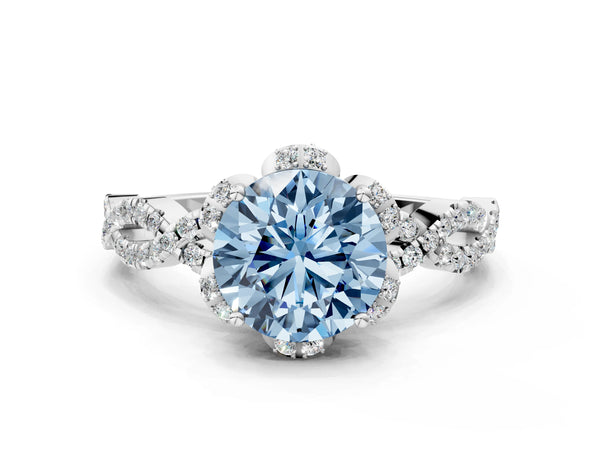 Platinum Fancy Blue Round  Halo Twist Band Solitaire Ring with Six-Prong Setting