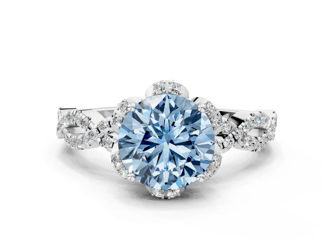 White gold Fancy Blue Round  Halo Twist Band Solitaire Ring with Six-Prong Setting_3