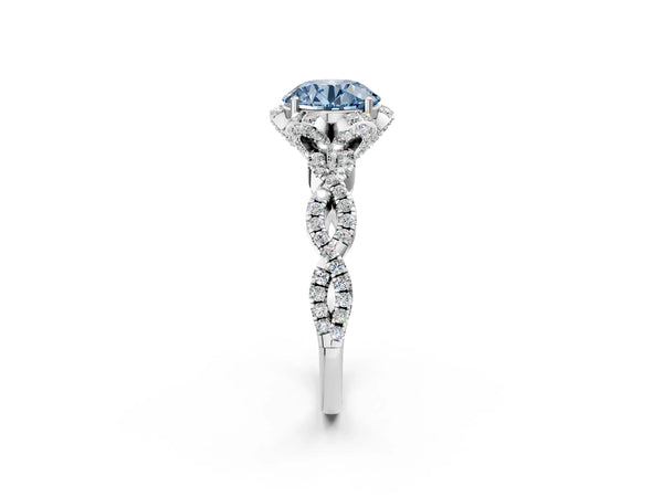 Platinum Fancy Blue Round  Halo Twist Band Solitaire Ring with Six-Prong Setting