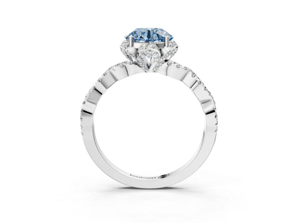 Platinum Fancy Blue Round  Halo Twist Band Solitaire Ring with Six-Prong Setting