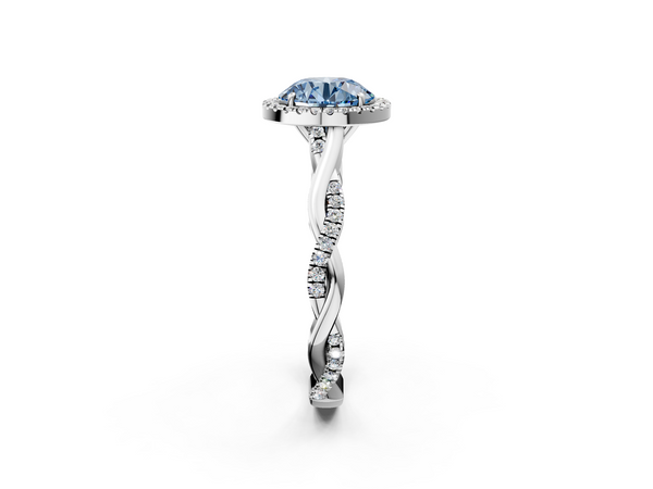 Platinum Fancy Blue Round  Halo Twist Band Solitaire Ring