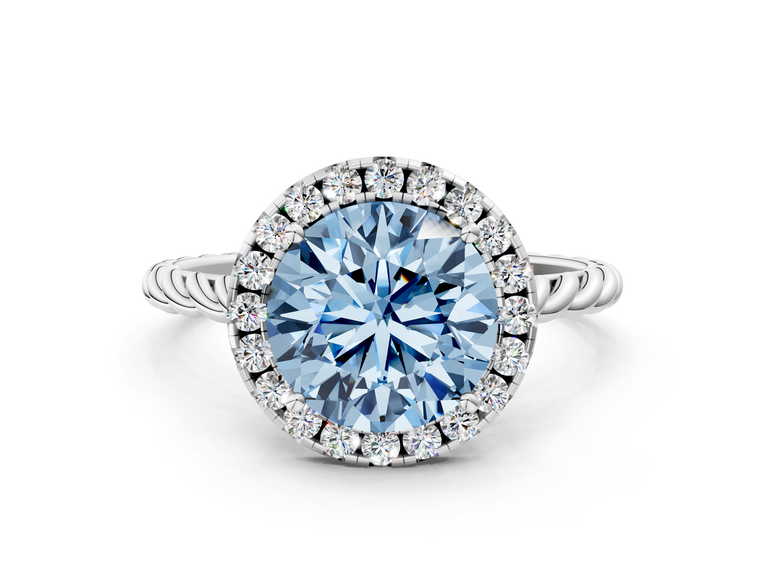 White gold Fancy Blue Round  Halo Twisted Band Four-Prong Diamond Ring_20