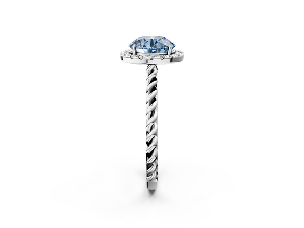Platinum Fancy Blue Round  Halo Twisted Band Four-Prong Diamond Ring