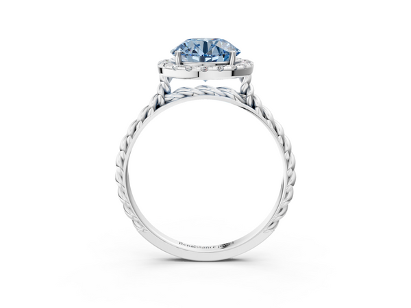 Platinum Fancy Blue Round  Halo Twisted Band Four-Prong Diamond Ring