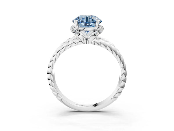 White gold Fancy Blue Round  Halo Twisted Band Four-Prong Ring