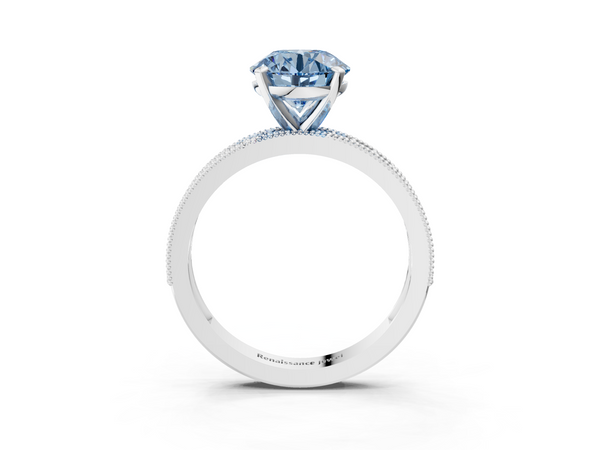 White gold Fancy Blue Round Cut Diamond Milgrain Pavé Engagement Ring with Four-Prong Setting