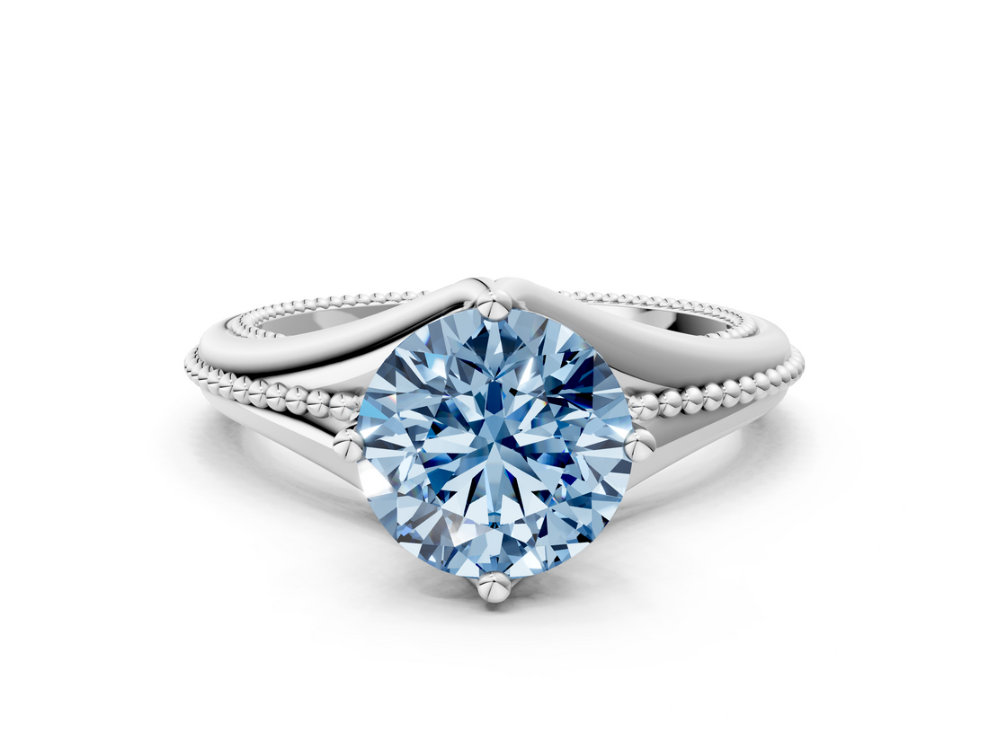 White gold Fancy Blue Round  Solitaire Beaded Band Six-Prong Setting