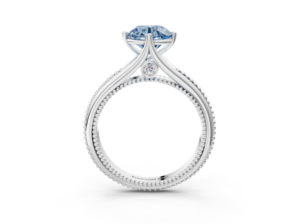 White gold Fancy Blue Round  Solitaire Beaded Band Six-Prong Setting