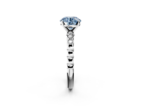 Platinum Fancy Blue Round  Solitaire Bezel Accent Diamond Engagement Ring with Beaded Band and Four-Prong Setting