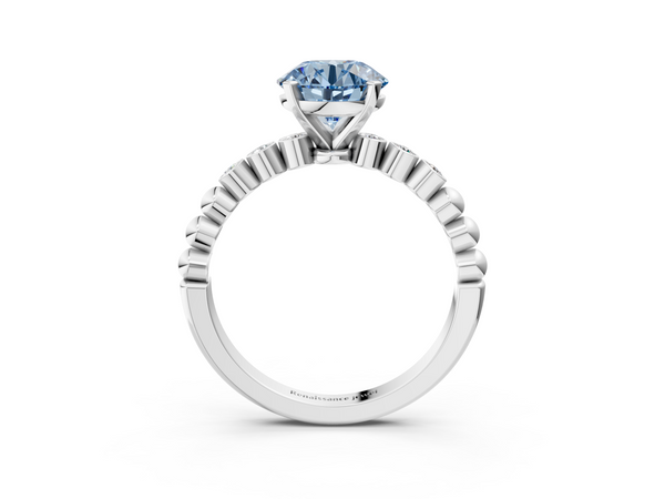 Platinum Fancy Blue Round  Solitaire Bezel Accent Diamond Engagement Ring with Beaded Band and Four-Prong Setting
