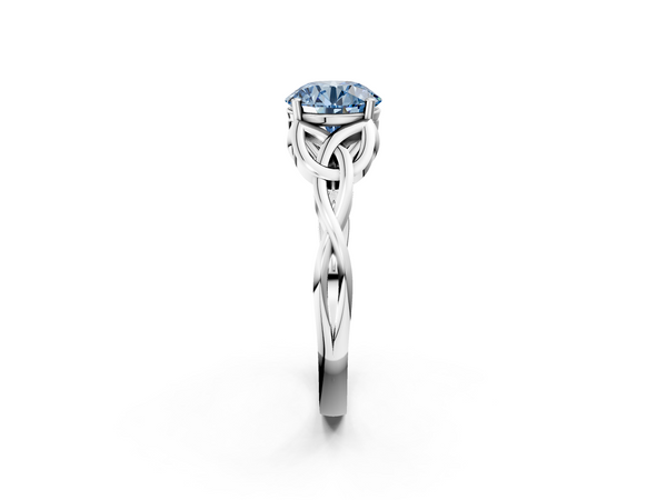 Platinum Fancy Blue Round Cut Diamond Solitaire Engagement Ring with Celtic Knot Band and Four-Prong Setting