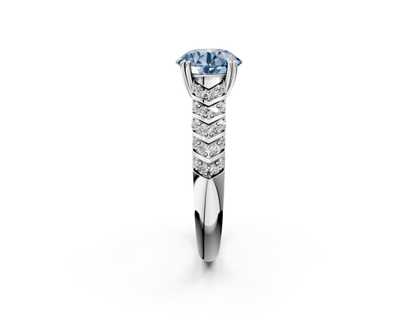 White gold Fancy Blue Round  Solitaire Chevron Pave Diamond Engagement Ring with Six-Prong Setting