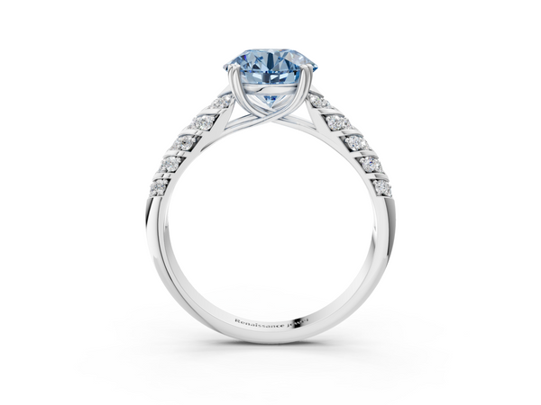 White gold Fancy Blue Round  Solitaire Chevron Pave Diamond Engagement Ring with Six-Prong Setting