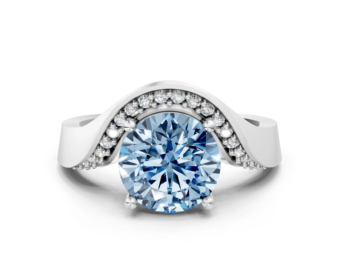 White gold Fancy Blue Round  Solitaire Diamond Engagement Ring with Pave Band and Four-Prong Setting 1
