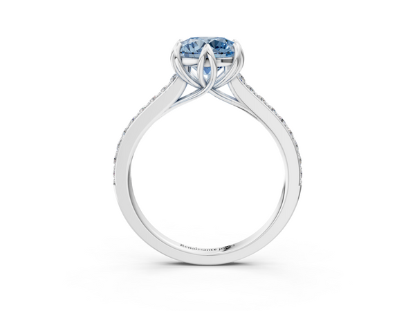 Platinum Fancy Blue Round  Solitaire Diamond Engagement Ring with Pave Band and Six-Prong Setting