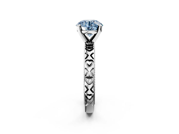 White gold Fancy Blue Round  Solitaire Diamond Engagement Ring with XO Engraved Band and Four-Prong Setting