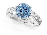 White gold Fancy Blue Round  Solitaire Diamond Leaf Vine Band with Prong Setting_44