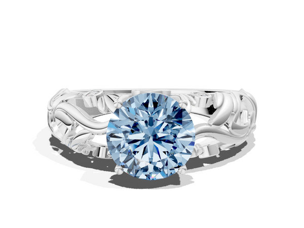 White gold Fancy Blue Round Cut Solitaire Diamond Leaf-Inspired Vine Band Ring with Prong Setting
