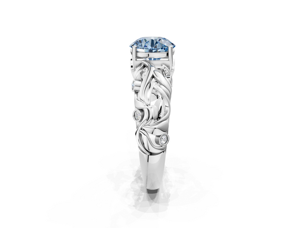 White gold Fancy Blue Round Cut Solitaire Diamond Leaf-Inspired Vine Band Ring with Prong Setting