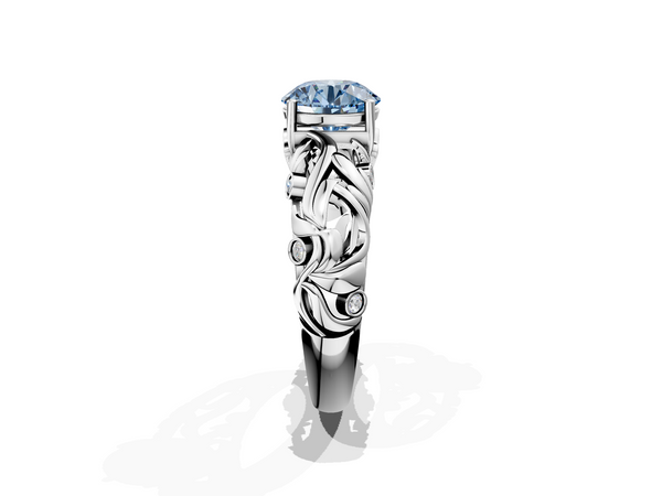 White gold Fancy Blue Round Cut Solitaire Diamond Leaf-Inspired Vine Band Ring with Prong Setting