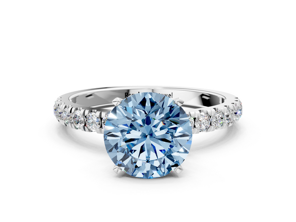 Platinum Fancy Blue Round Cut Diamond Solitaire Ring with Pavé Accents and Four-Prong Setting