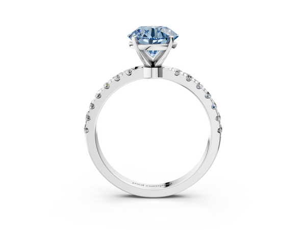 Platinum Fancy Blue Round Cut Diamond Solitaire Ring with Pavé Accents and Four-Prong Setting