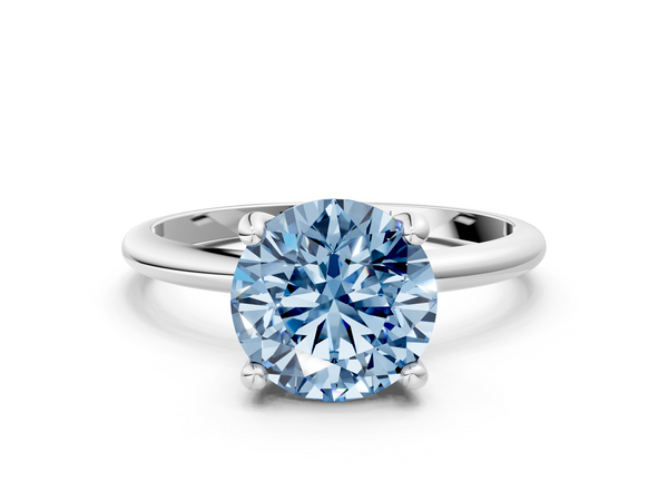 Platinum Fancy Blue Round  Solitaire Diamond Ring with 4-Prong Setting on a Classic Band