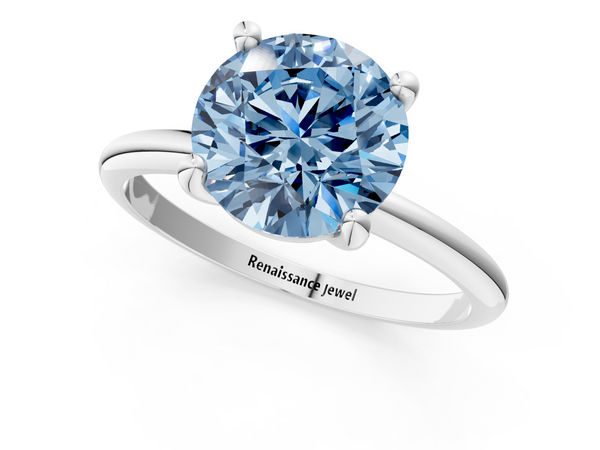 Platinum Fancy Blue Round  Solitaire Diamond Ring with 4-Prong Setting on a Classic Band