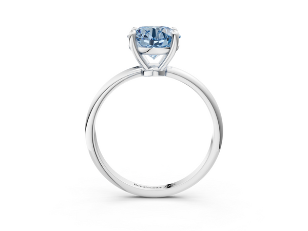 Platinum Fancy Blue Round  Solitaire Diamond Ring with 4-Prong Setting on a Classic Band