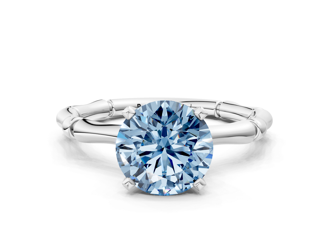 White gold Fancy Blue Round  Solitaire Diamond Ring with Bamboo Band and Four-Prong Setting_119