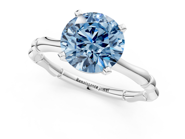 White gold Fancy Blue Round  Solitaire Diamond Ring with Bamboo Band and Four-Prong Setting