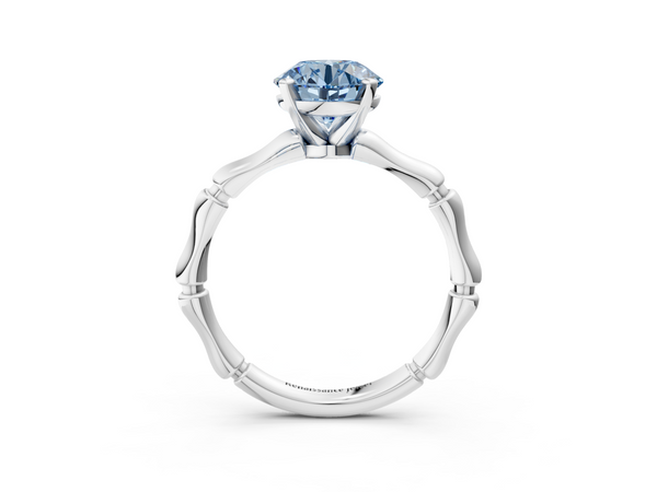 White gold Fancy Blue Round  Solitaire Diamond Ring with Bamboo Band and Four-Prong Setting