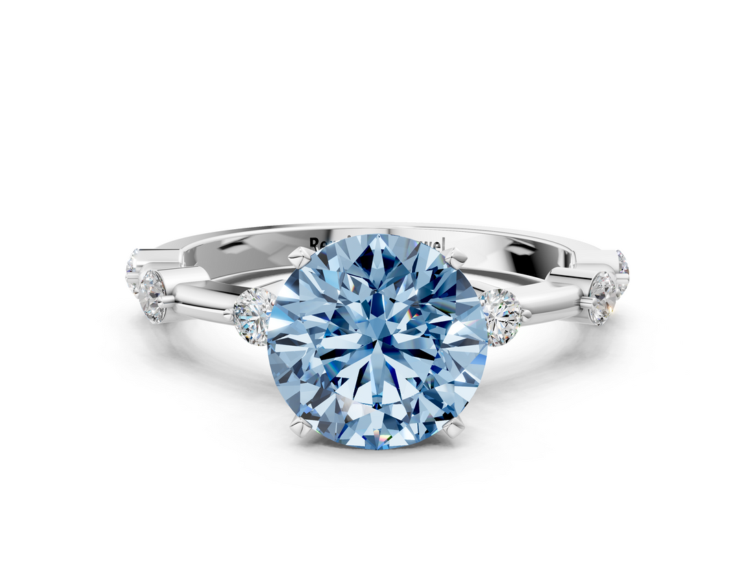 White gold Fancy Blue Round  Solitaire Diamond Ring with Bezel Set Side Stones and Prong Setting_3