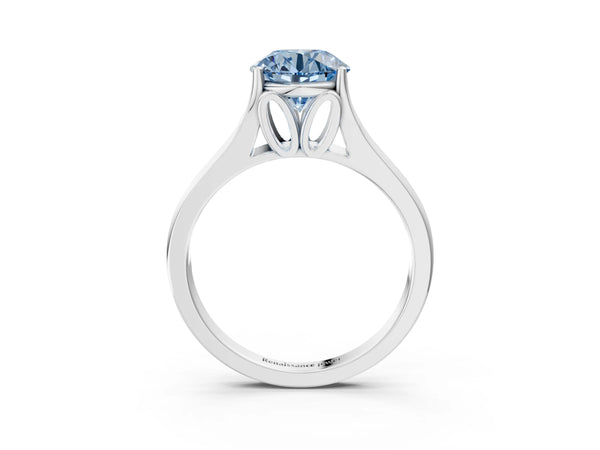 White gold Fancy Blue Round  Solitaire Diamond Ring with Cathedral Band and Four-Prong Setting