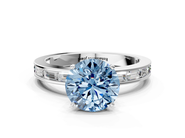 Platinum Fancy Blue Round  Solitaire Diamond Ring with Channel-Set Baguette Band and Four-Prong Setting