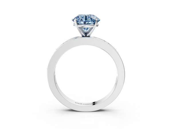Platinum Fancy Blue Round  Solitaire Diamond Ring with Channel-Set Baguette Band and Four-Prong Setting
