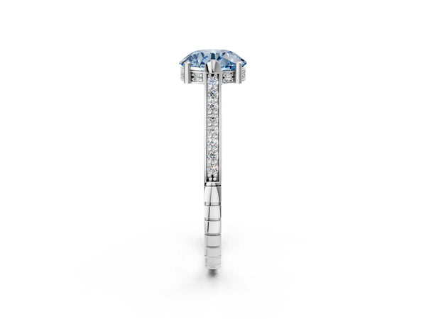 White gold Fancy Blue Round  Solitaire Diamond Ring with Channel Set Band and Bezel Prong Setting