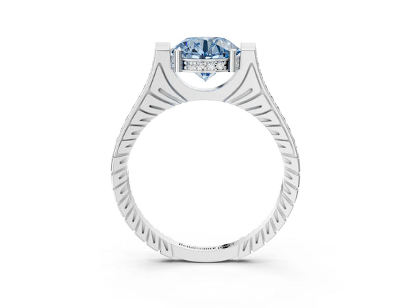 White gold Fancy Blue Round  Solitaire Diamond Ring with Channel Set Band and Bezel Prong Setting