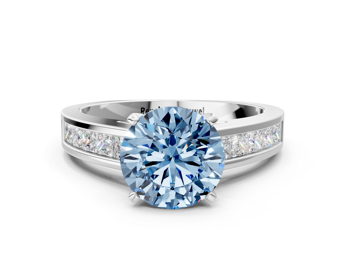 White gold Fancy Blue Round  Solitaire Diamond Ring with Channel-Set Band and Four-Prong Setting_3