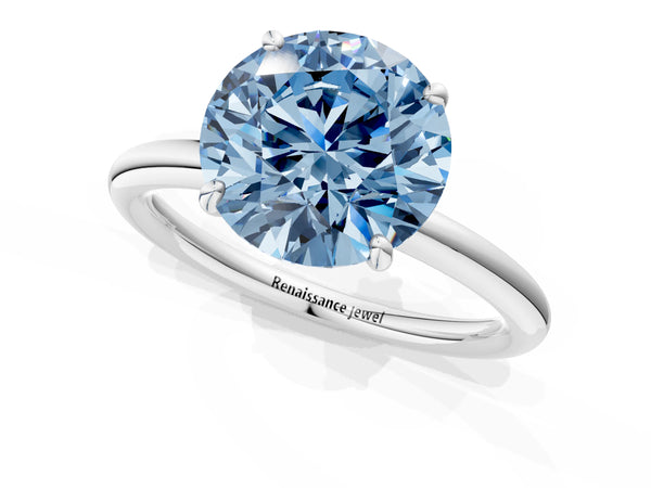 Platinum Fancy Blue Round  Solitaire Diamond Ring with Four-Prong Setting on a Plain Band