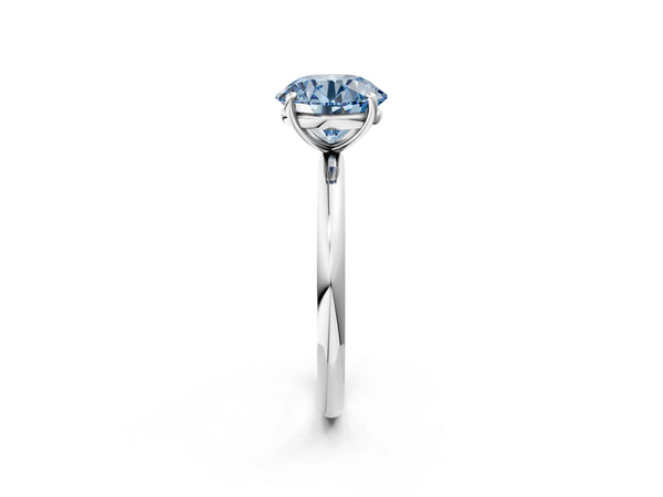 Platinum Fancy Blue Round  Solitaire Diamond Ring with Four-Prong Setting on a Plain Band