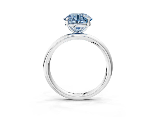 Platinum Fancy Blue Round  Solitaire Diamond Ring with Four-Prong Setting on a Plain Band