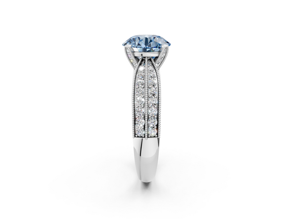 White gold Fancy Blue Round  Solitaire Diamond Ring with Milgrain Pavé Band and Four-Prong Setting