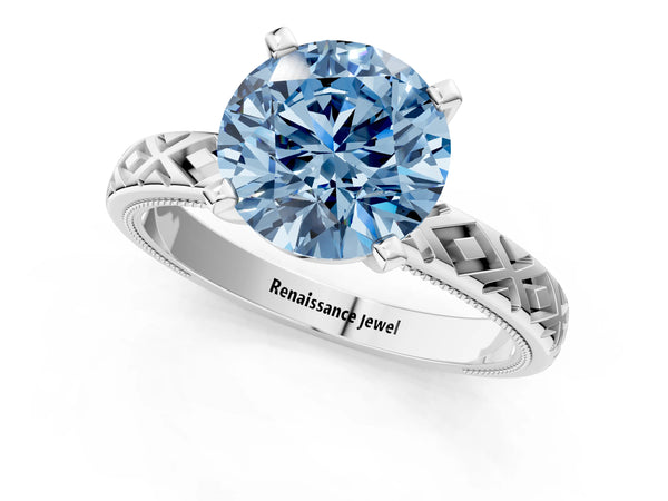 White gold Fancy Blue Round  Solitaire Diamond Ring with Milgrain and Black Enamel X Pattern Band