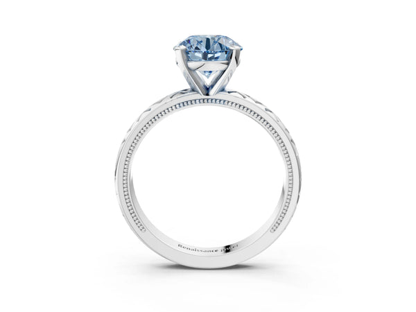 White gold Fancy Blue Round  Solitaire Diamond Ring with Milgrain and Black Enamel X Pattern Band