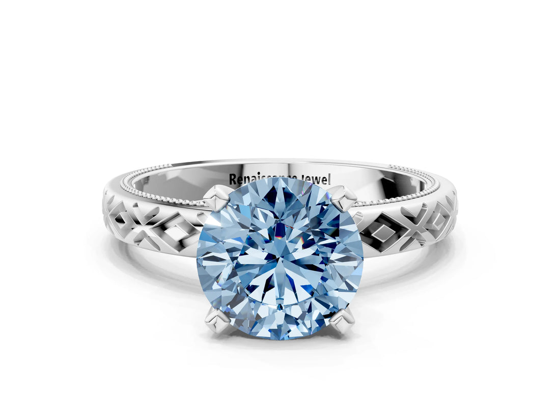 White gold Fancy Blue Round  Solitaire Diamond Ring with Milgrain and Black Enamel X Pattern Band_228