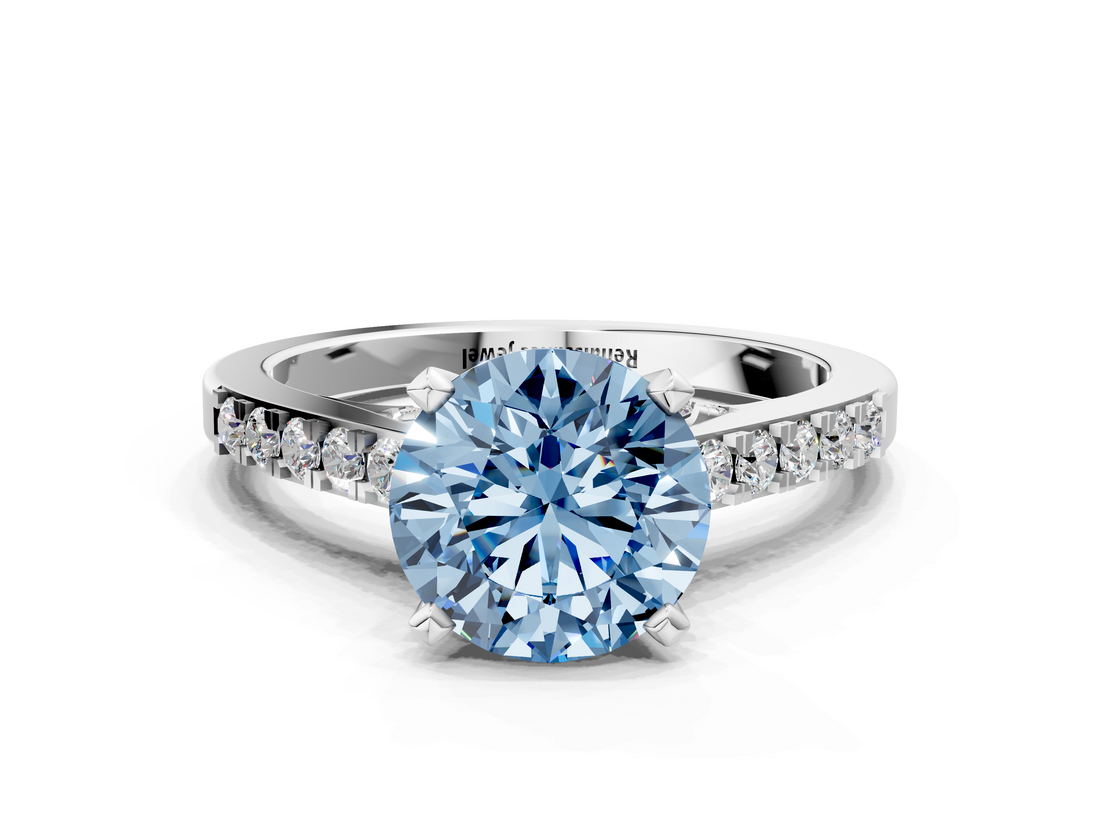 White gold Fancy Blue Round  Solitaire Diamond Ring with Pavé Band and Four-Prong Setting_84