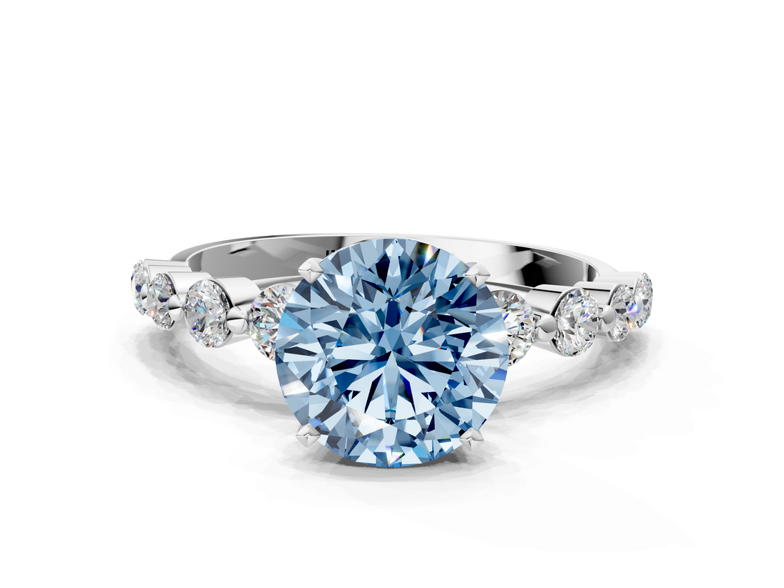 White gold Fancy Blue Round  Solitaire Diamond Ring with Pave Band and Four-Prong Setting_254