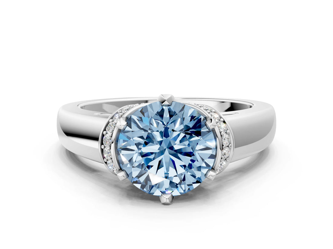 White gold Fancy Blue Round  Solitaire Diamond Ring with Pave Band and Six-Prong Setting_32